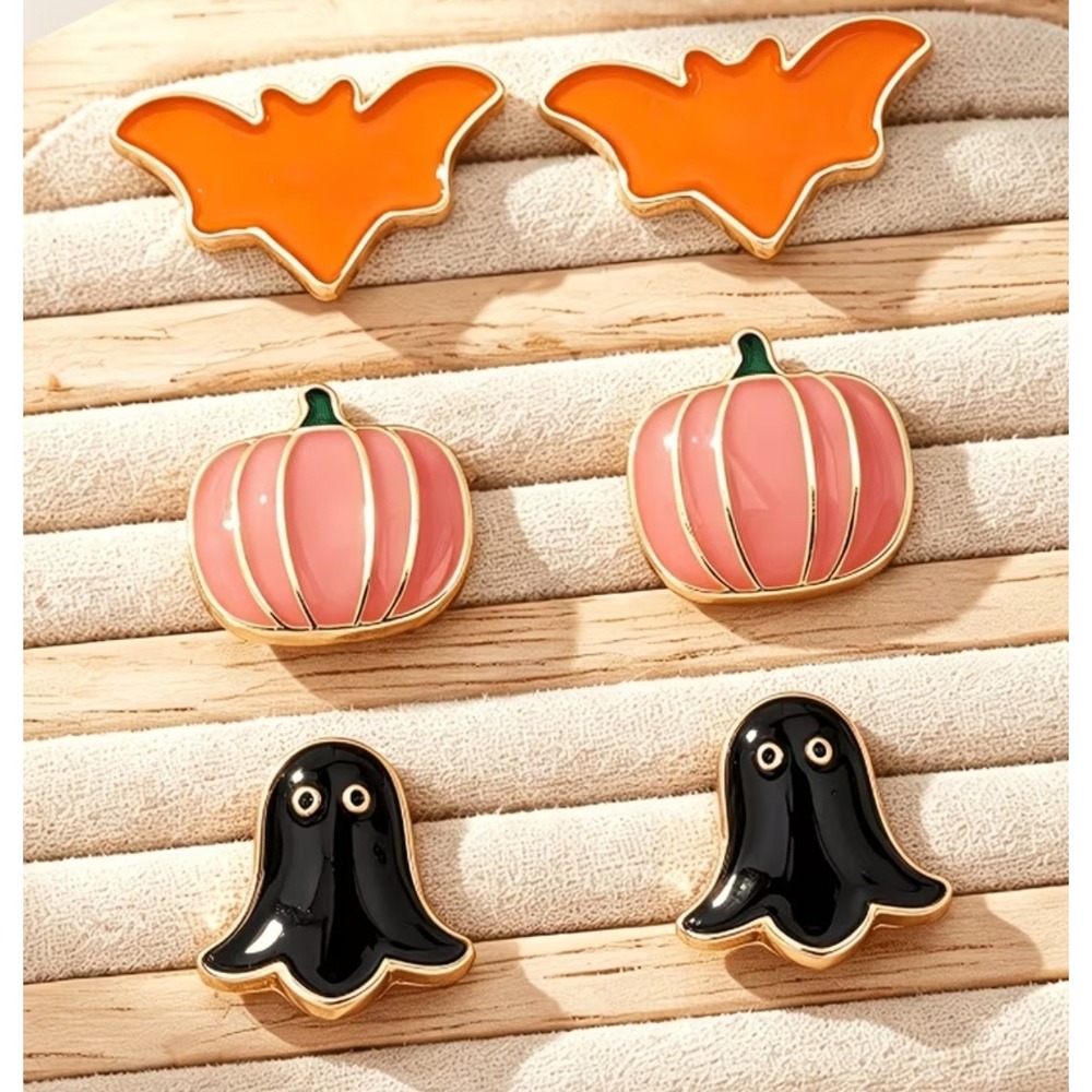 Halloween Stud Earrings Set 3 Pairs Orange Bat Pink Pumpkin Black Ghost Enamel